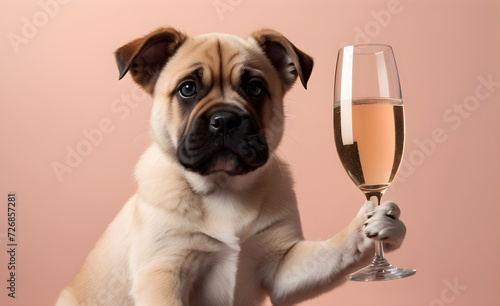 Dog holding a glass of champagne, minimalist style, pastel-hued backdrop, champagne bubbles glistening. Generative AI © 냥냥냥 난