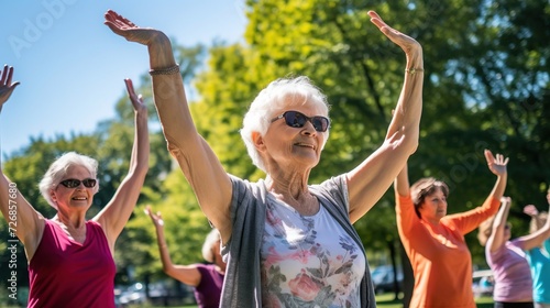 Athletic older women exercise in the garden during a group workout - Mature women do yoga, stretching, fitness in the park on a summer day, Healthy lifestyle © екатерина лагунова