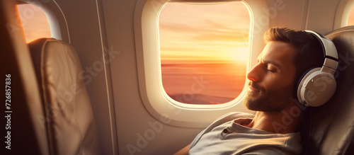 Man in Headphones Relaxing in Airplane Seat with Eyes Closed at Sunset. Peaceful Air Travel Concept