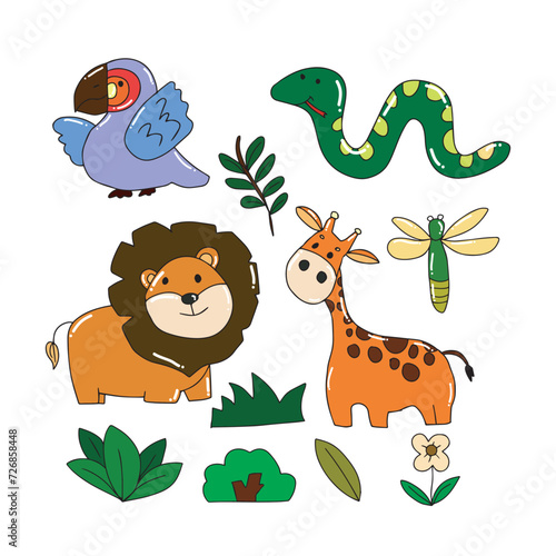adorable animal forest isolated on white background. parrot, snake, lion, giraffe, leaf, grass