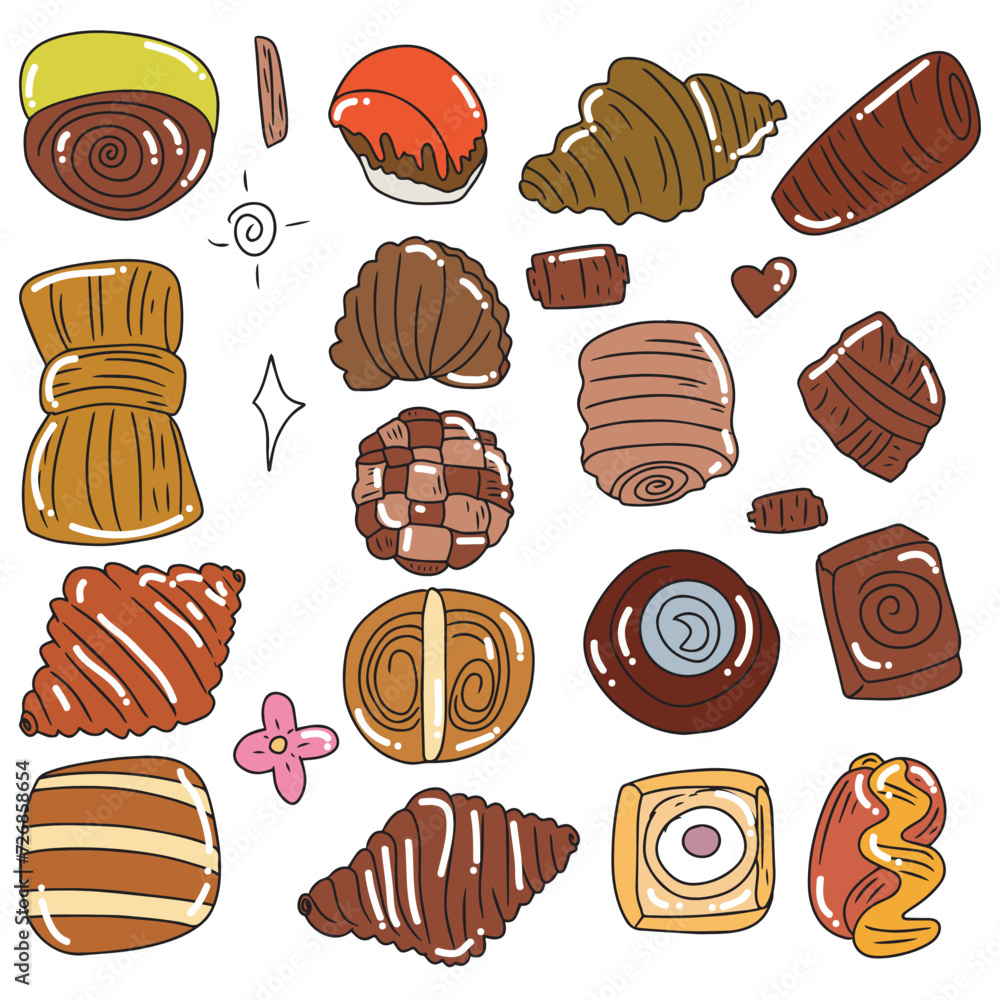 set of cromboloni pastry. Food sketch, line art isolated on white. Clipart for poster, menu, card, web set of cromboloni pastry. Food sketch, line art isolated on white. Clipart for poster, menu, card, web
