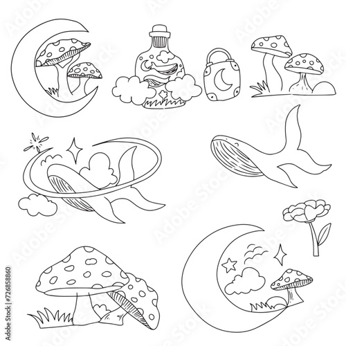 mythological illustrations, whales in space, dwarf mushroom houses, fairy tale posts, space keys. storybook children