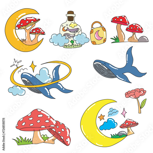 mythological illustrations, whales in space, dwarf mushroom houses, fairy tale posts, space keys. storybook children