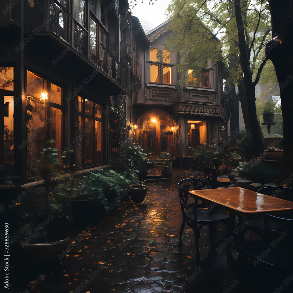 A cozy coffee shop on a rainy day.