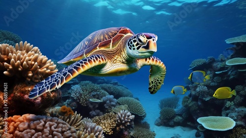 Realistic photo of a turtle in the sea with a beautiful coral reef background. generative ai