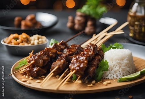 skewer Central soy peanut Usually served mutton Kambing skewered bamboo typical cake ced Served alAdha sauce Sate Goat rice sauce satay Indonesia Eid Java photo
