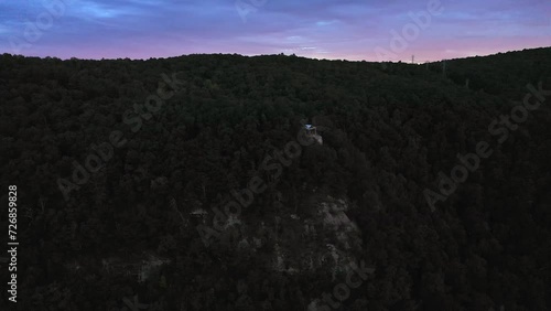 Horizontal Pan with Drone, Pretty Place Chapel nestled in Mountains, Sunrise, Fred W. Symmes Chapel, Cleveland, SC photo
