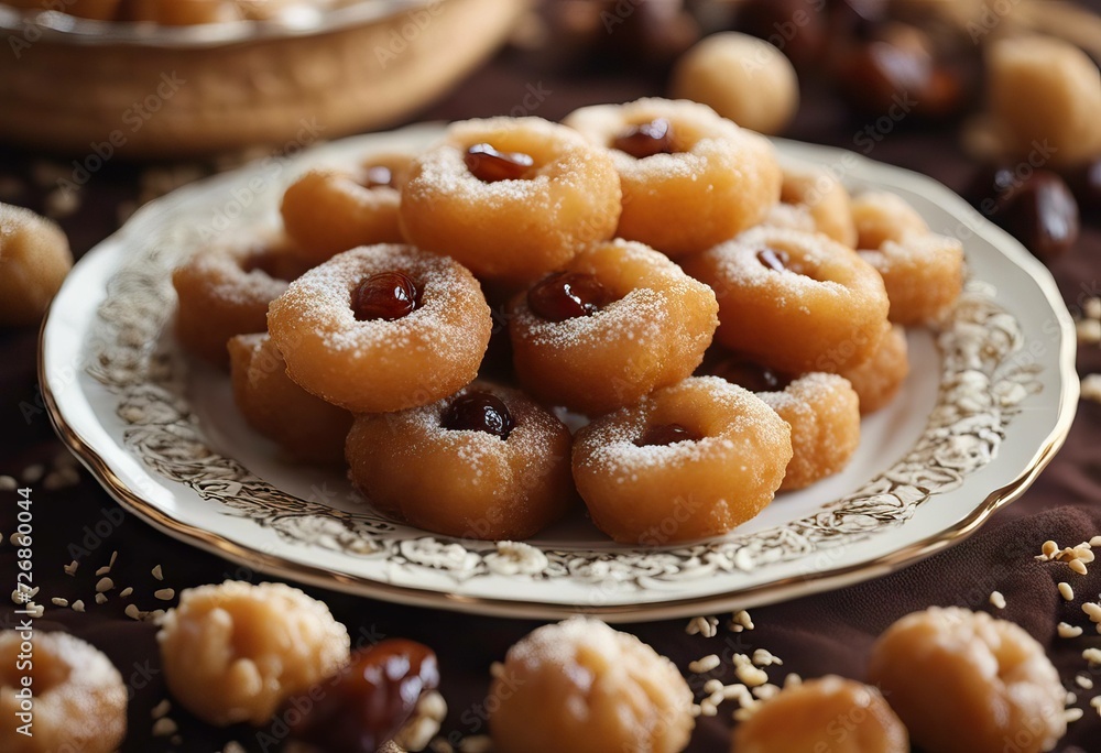 sweet semolina coffee traditional Fried North Africa Algerian grain sweets food plate Makrout islam makroud honey dates