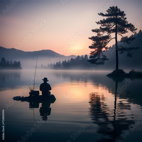 A fisherman on a tranquil lake at dawn. 