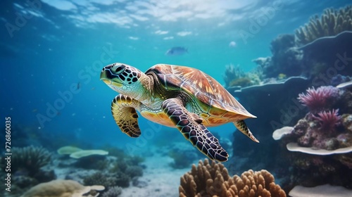 Realistic photo of a turtle in the sea with a beautiful coral reef background. generative ai © KBL Sungkid
