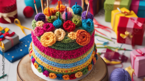 Image of a very colorful birthday cake, made of crochet and colored wool, with sewing needles as decorations like birthday candles, surrounded by gifts and presents.