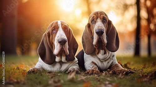 realistic photo of Two Basset Hounds sitting together on green grass in the dawn light. Cute dog in the park in the morning. generative ai © KBL Sungkid