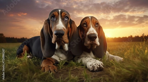 realistic photo Two Basset hounds on green grass, with twilight background. generative ai