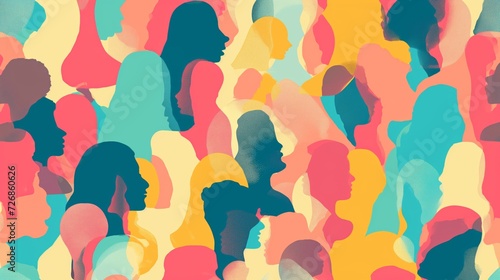 Illustration of many silhouettes of different people background. Diversity of many multi-ethnic people. Coexistence and multicultural community integration. Crowd of people.