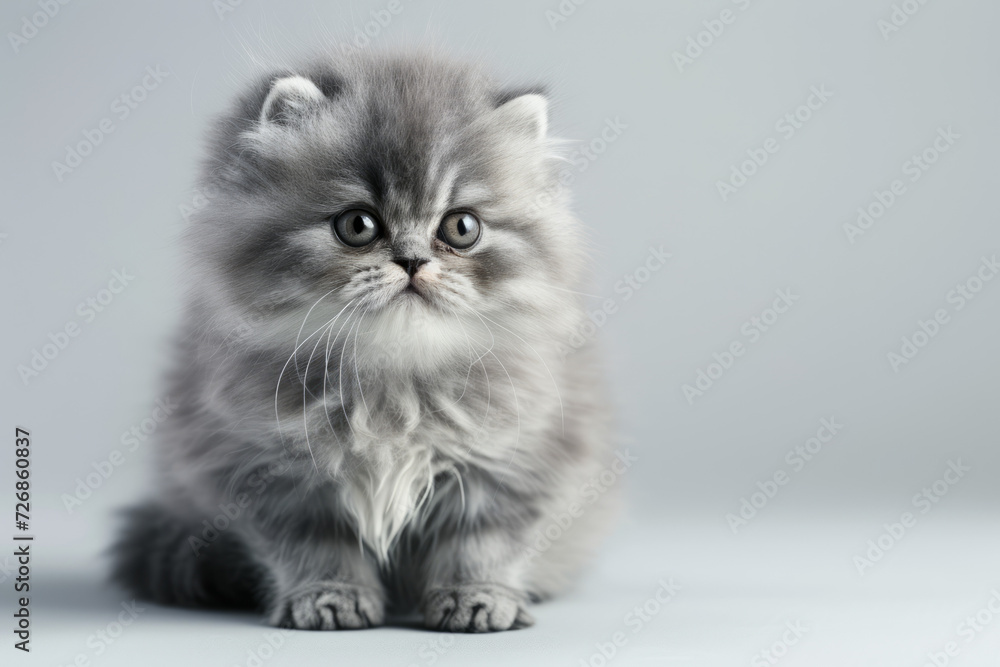 Adorable Grey Persian Kitten Gazing Curiously on a White Background