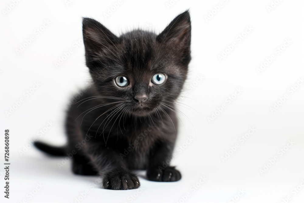 Adorable Black Kitten Gazing Curiously on a White Background