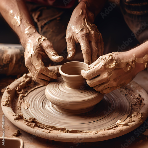 A pair of hands creating pottery on a wheel.