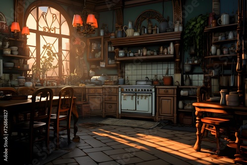 Interior of a cafe in the rays of the setting sun.