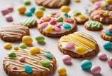 white sweet rustic Colorful cookies easter background