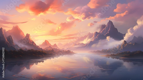 Beautiful landscape with mountains and lake. 3d render illustration.