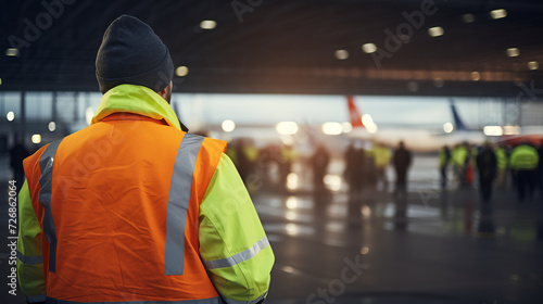 Airport Ramp Agent in Reflective Safety Vest Walking on Apron Among Parked Airplanes. Aviation Ground Operations Concept photo
