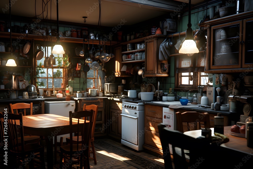 Panorama of a cozy kitchen in a rustic style with wooden furniture