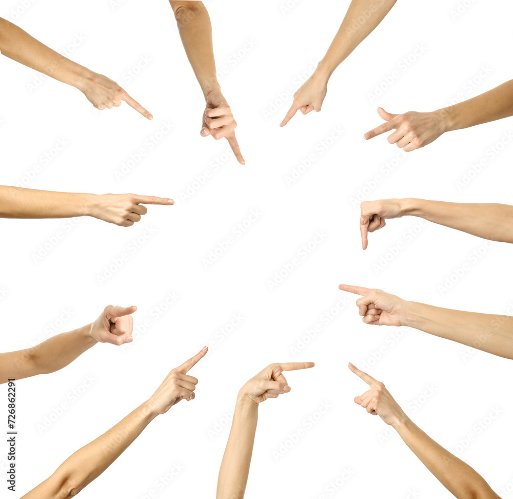 Pointing, touching, aiming. Multiple images set of female caucasian hand with french manicure showing Pointing gesture Pointing, touching, aiming. Multiple images set of female caucasian hand with french manicure showing Pointing gesture