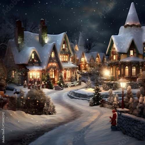 Digital painting of christmas village at night with snowfall in winter