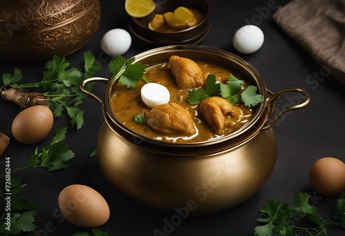 placed green curry textured background eggs dark chicken two boiled vessel brass photo