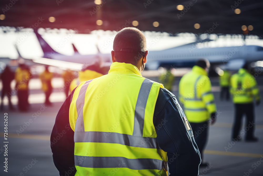 Airport Ramp Agent in Reflective Safety Vest Walking on Apron Among Parked Airplanes. Aviation Ground Operations Concept Airport Ramp Agent in Reflective Safety Vest Walking on Apron Among Parked Airplanes. Aviation Ground Operations Concept