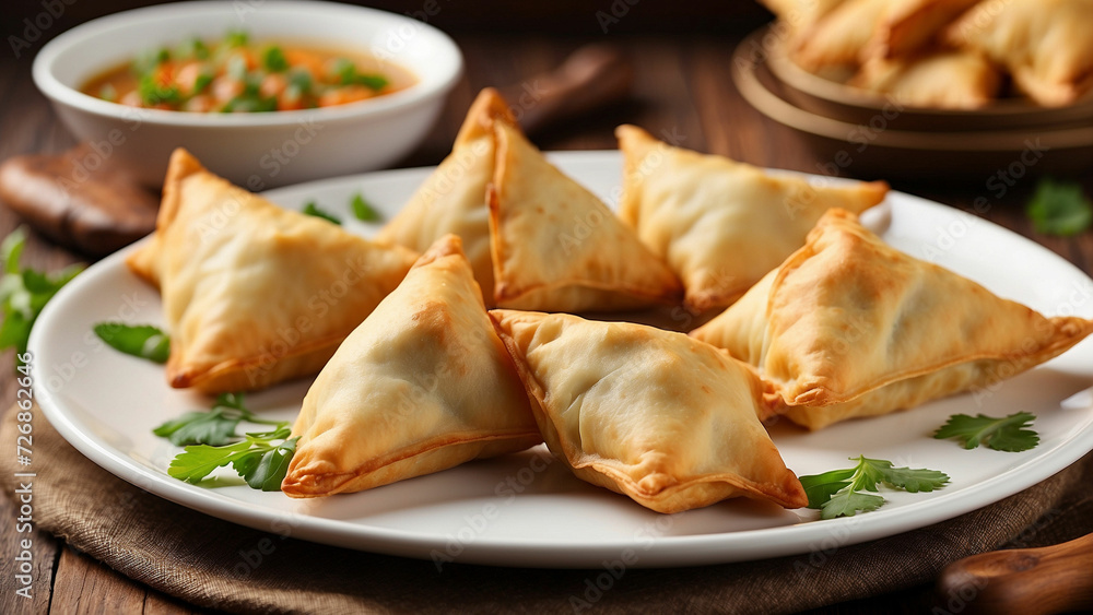 Beautiful and delicious chicken samosas on a pristine white plate with the golden brown, crispy exterior and the tempting aroma that wafts from each bite Beautiful and delicious chicken samosas on a pristine white plate with the golden brown, crispy exterior and the tempting aroma that wafts from each bite