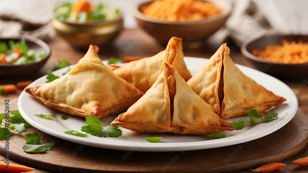 Beautiful and delicious chicken samosas on a pristine white plate with the golden brown, crispy exterior and the tempting aroma that wafts from each bite Beautiful and delicious chicken samosas on a pristine white plate with the golden brown, crispy exterior and the tempting aroma that wafts from each bite