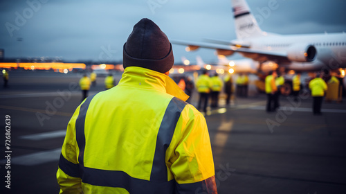 Airport Ramp Agent in Reflective Safety Vest Walking on Apron Among Parked Airplanes. Aviation Ground Operations Concept photo