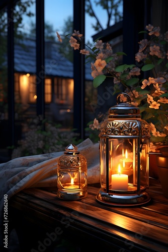 Lanterns and candles on a table in a garden.
