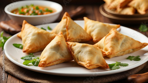 Beautiful and delicious chicken samosas on a pristine white plate with the golden brown, crispy exterior and the tempting aroma that wafts from each bite