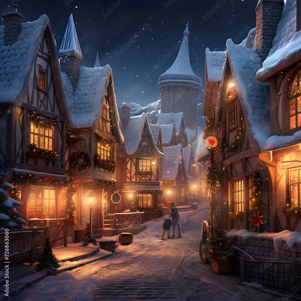 Snowy winter night in a small town. Christmas and New Year background - obrazy, fototapety, plakaty 