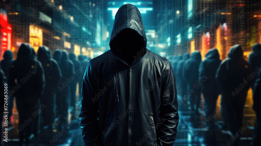 Anonymous hacker man in front with black sweatshirt and hoodie, surrounded by data network and hackers on virtual space background. Cybersecurity, cyberattack, cybercrime concept. Generative AI.