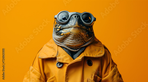 A Tortoise Wearing Black Glasses and a Yellow Jacket