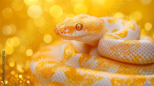Albino snake with blurred gold background, glitter and blurred background, white snake represent year of snake, happy Chinese new year, photo