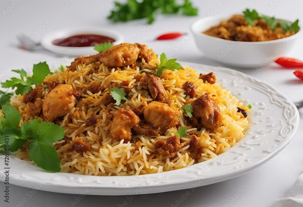christmas Plate Pakistani spicy food specially white Indian eid Delicious chicken biryani background white