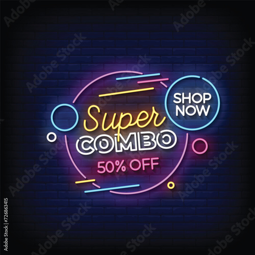 Neon Sign super combo with brick wall background vector