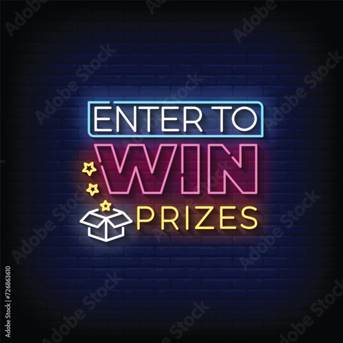 Neon Sign enter to win prizes with brick wall background vector