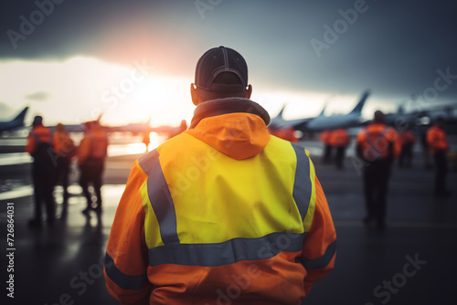 Airport Ramp Agent in Reflective Safety Vest Walking on Apron Among Parked Airplanes. Aviation Ground Operations Concept © AspctStyle