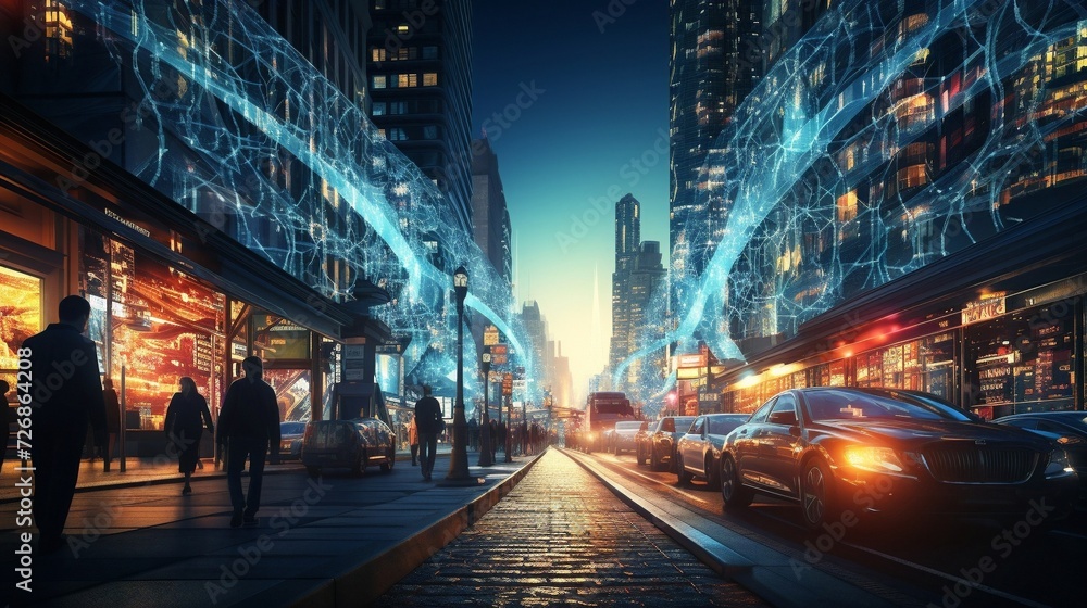 Obraz premium Blue Urban Genomic Tapestry: Weaving Genetic Advancements Across the Cityscape