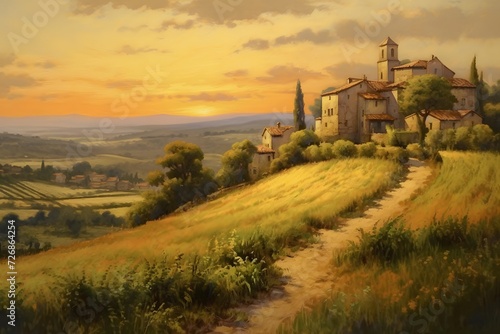 Panoramic view of Tuscany  Italy  at sunset