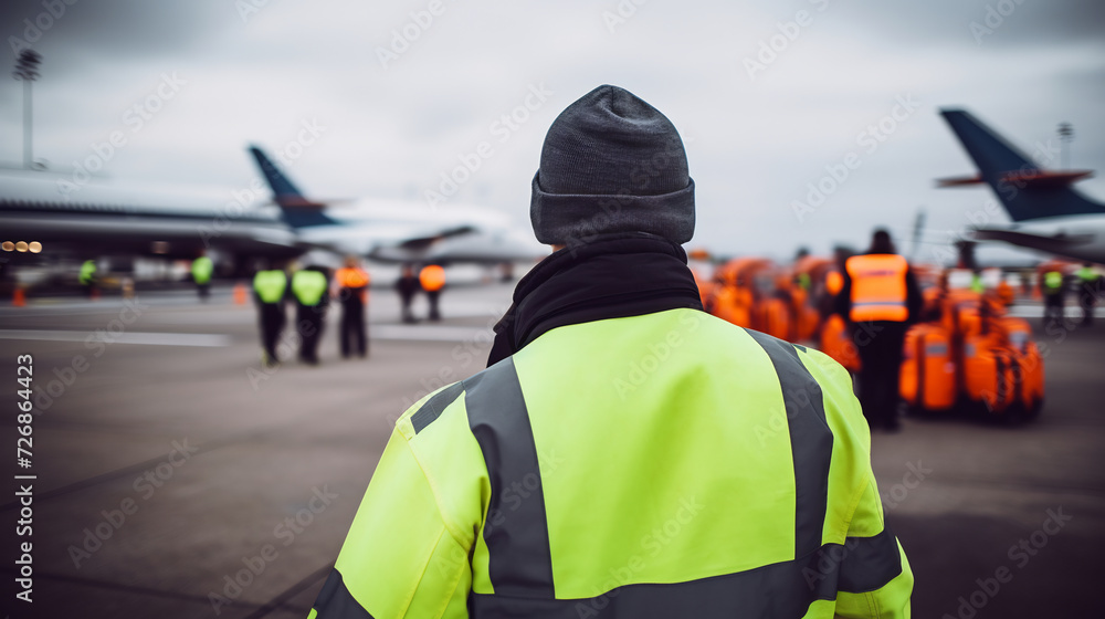 Fototapeta premium Airport Ramp Agent in Reflective Safety Vest Walking on Apron Among Parked Airplanes. Aviation Ground Operations Concept