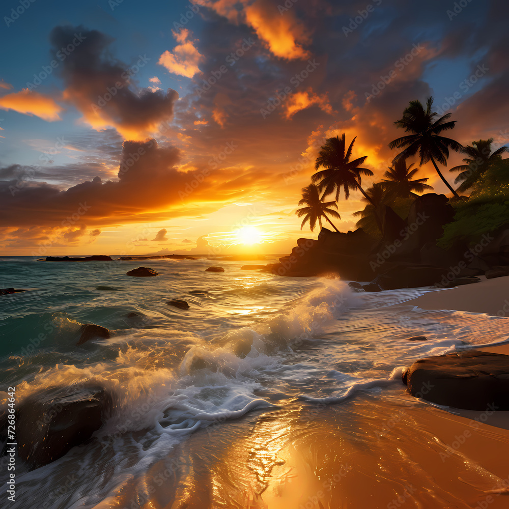 A tropical beach at sunset.