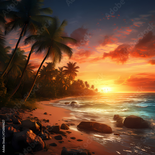 A tropical beach at sunset.