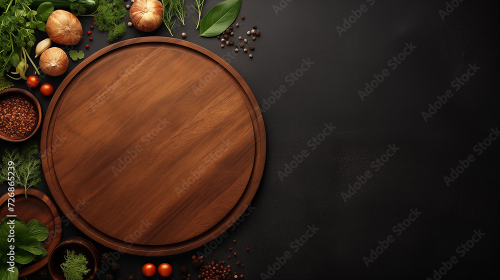 Fototapeta premium Wood texture background with cooking ornaments for a food menu theme. Copy space background area.