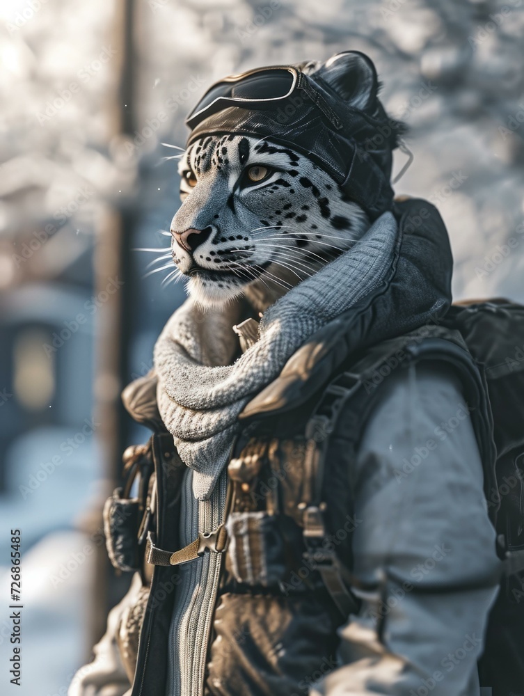 A snow leopard wearing a winter hat and scarf. Generative AI. A snow leopard wearing a winter hat and scarf. Generative AI.